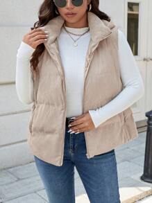 SHEIN LUNE 加大码前拉链无袖口袋简约夹棉大衣，休闲日常穿着冬季服装度假装保暖 - 杏色 - 查看 7