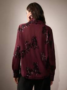 Anewsta 法式优雅玫瑰串珠刺绣透明女式衬衫 - 中紫紅色 - 查看 2
