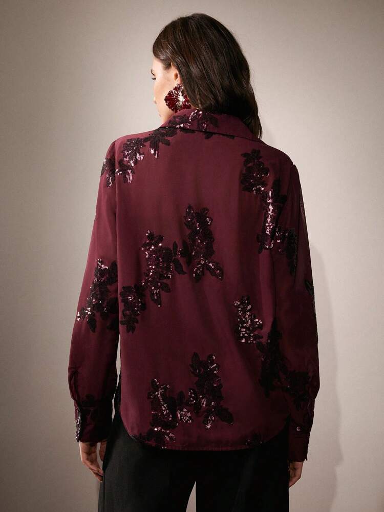 French Elegant Rose Beaded Embroidery Sheer Blouse Women Shirt, Christmas