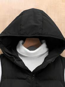 SHEIN Tween Girls Sleeveless Hooded Mid-Length Thick Padded Vest With Pockets,In Fall/Winter - Black - View 4