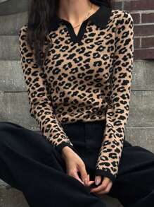 DAZY Women Leopard Print Colorblock Trim Loose Long Sleeve Pullover Sweater,Fall Clothes - Brown - View 6