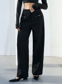 Aveloria Modichic Black High-Waisted Thick Tweed Wide Leg Casual Loose Pants For Women With Contrasting Floral Lace Design Fall Cloth For Women