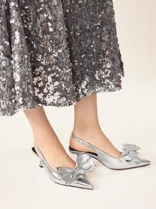 CUCCOO CHICEST Scarpe con tacco basso a punta con fiocco argento e cinturino posteriore, adatte per casual, feste, vacanze, primavera, Easter, Prom, Natale