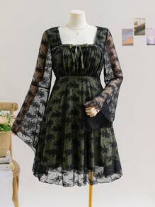 Soleia Đầm midi babydoll tay dài phối ren màu khối cho mùa tựu trường/nghỉ lễ cỡ lớn dành cho nữ, phù hợp cho mùa thu - Nhiều màu - Xem 5
