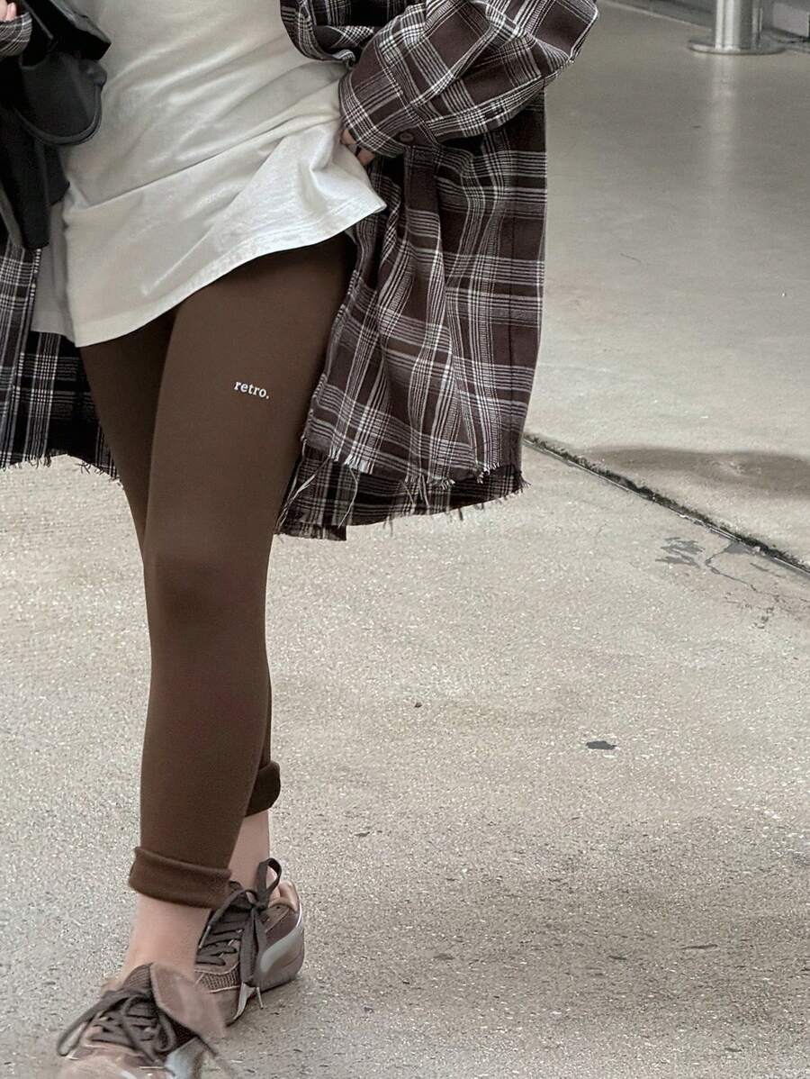 DAZY Tween Girl Letter Print Leggings, For Fall Tights - Brown - View 1