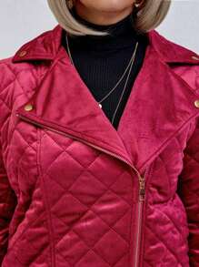 SHEIN LUNE Áo khoác chần bông ấm áp thường ngày có khóa kéo dành cho nữ, mùa thu/đông - Màu Đỏ Sâu - Xem 6