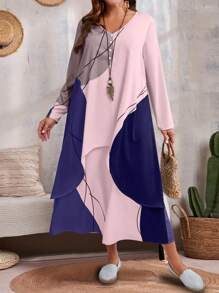 EMERY ROSE 大码休闲撞色二合一连衣裙秋装 - 紫色 - 查看 5