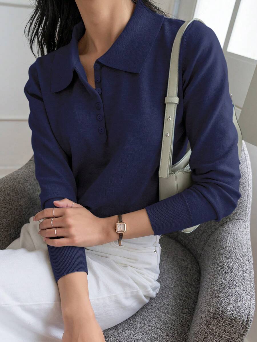 DAZY Minimalist Solid Color Knit Sweater, Casual Business Style For Autumn/Winter,Fall Women Clothes - Navy Blue - View 1