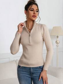 SHEIN Privé Women Khaki Thermal Lined Zip-Up High Neck Long Sleeve Sweater - Khaki - View 4