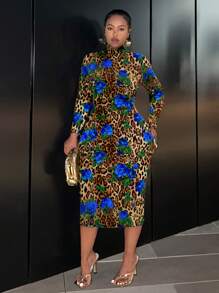 Slaydiva Elegant Minimalist Leopard & Rose Print Long Sleeve Round Neck Fitted Dress For Plus Size Women, Autumn/Winter