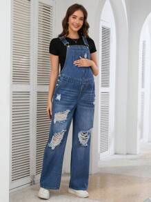 SHEIN Casual Distressed Maternity Denim Bib Overalls - Medium Wash - View 1