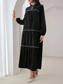 Al Najma 女士旗袍领水滴形撞色超大边宽松褶皱优雅连衣裙，休闲束腰长裙，适合日常休闲