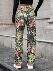 SHEIN EZwear Quần Jeans Dệt Thường Ngày Dáng Rộng In Họa Tiết Rằn Ri Cạp Thấp Cho Nữ, Phong Cách Đường Phố Đa Năng Cho Mọi Mùa - Nhiều màu - Xem 2