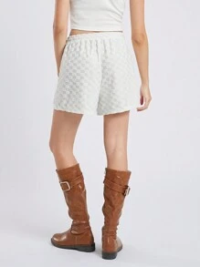 SHEIN EZwear Shorts femininos xadrez casual com cordão na cintura - Branco - Ver 3
