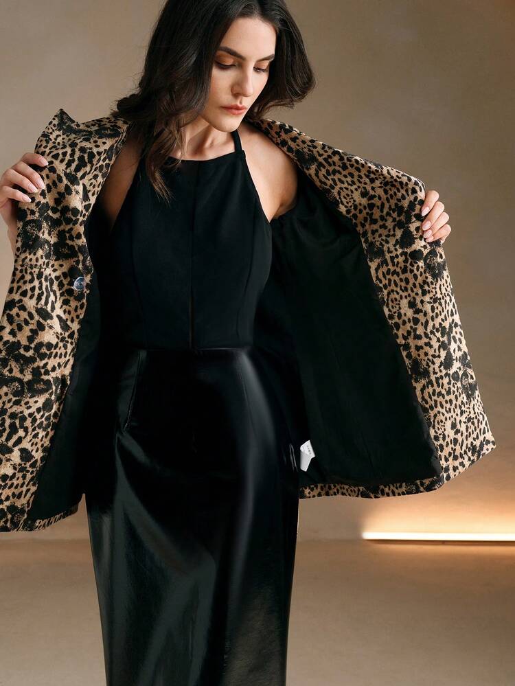 Blazer léopard sexy à taille cintrée, col à revers et épaules droites pour femmes