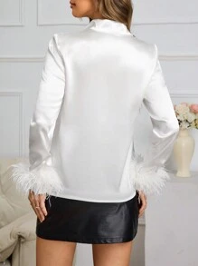 SHEIN EZwear 女士休闲纯色缎面编织系领长袖宽松衬衫，适合情人节、假期、夏季、海滩等场合，白色长袖上衣 - 白色 - 查看 2