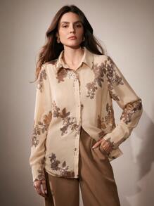 Anewsta 法式优雅玫瑰刺绣和珍珠半透明女式衬衫 - 杏色 - 查看 7