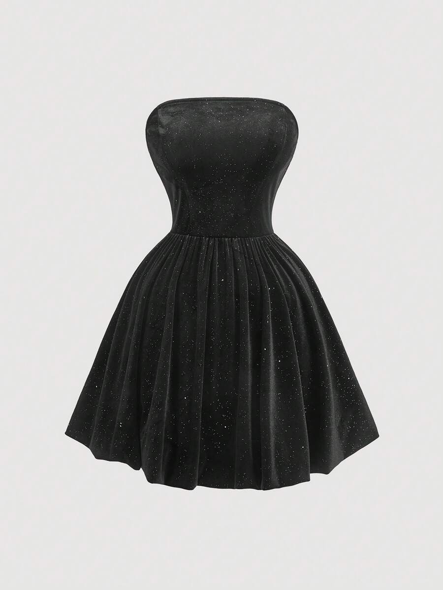 SHEIN MOD Plus Size Women Vintage Contrast Bow Decor Bandeau Dress, For Winter - Black and White - View 1