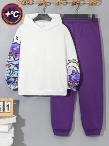 SHEIN Leap Crew 青少年男孩休闲街头时尚标志图案连帽衫和运动裤两件套，适合通勤、上学、休闲外出、运动装、秋冬季 - 紫色 - 查看 2