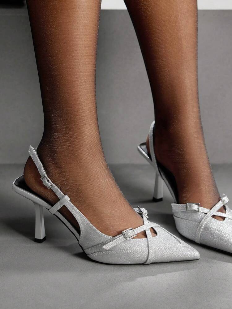 CUCCOO SZL Zapatos de vestir de tacón alto de punta afilada y brillantes de plata para mujer, elegantes para boda, fiesta y cita nocturna