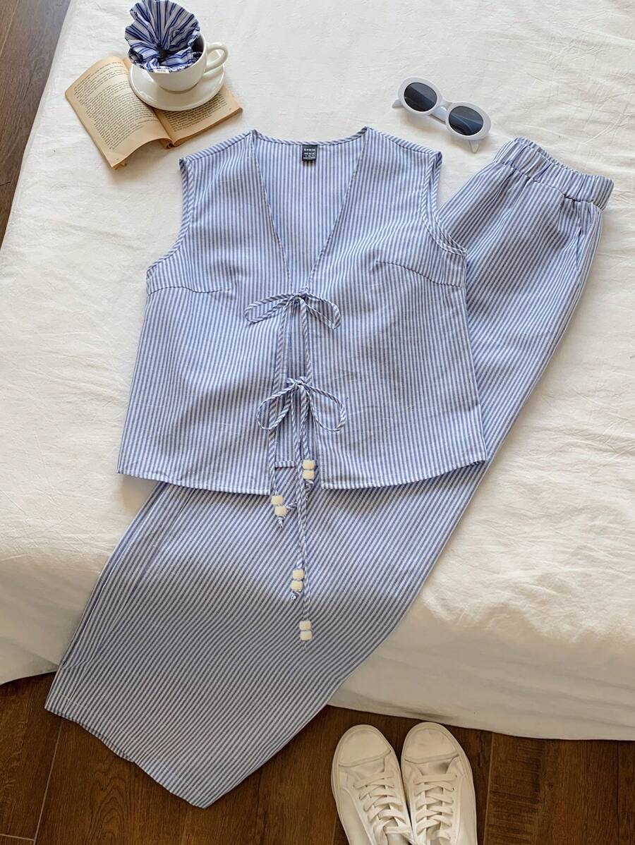 Comfortcana Women's Casual Tie Front Bow Sleeveless Blouse And Loose Striped Pants Set - Blue and White - View 1