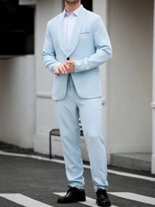 Manfinity Mode Bộ đồ vest nam 2 món thường ngày, áo khoác kèm quần, cổ khăn choàng màu trơn, tay dài, mùa thu - Màu xanh nhạt - Xem 8