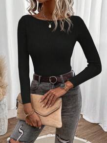 SHEIN Clasi 1pc Plus Size Women Light Apricot Crew Neck Long Sleeve Basic Pullover Sweater, Autumn/Winter Fall - Black - View 7