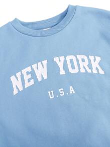 SHEIN Girlism 2 件 Tween 女童休闲字母印花长袖圆领运动衫和运动裤套装 - 淺藍色 - 查看 7