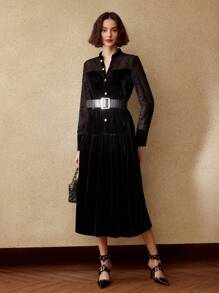 MOTF PREMIUM فستان مع شق في الرقبة والذيل المنتفخ بلا حزام، وإدراج من الدانتيل المخملي