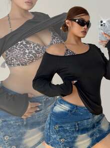 Flirla Set de 2 prendas - Camiseta de tirantes finos con estampado de leopardo, sexy y de moda - Multicolor - Ver 1