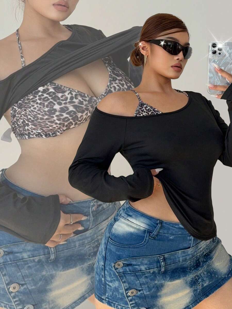 Flirla Set de 2 prendas - Camiseta de tirantes finos con estampado de leopardo, sexy y de moda - Multicolor - Ver 1