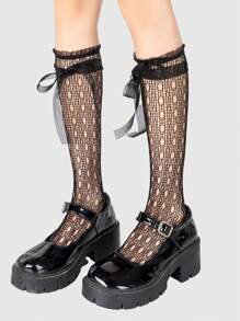 ROMWE Goth 1 双女式可爱、基本款、Y2K、蕾丝、网眼、蝴蝶结、荷叶边/褶边洛丽塔蝴蝶渔网中筒袜，适合休闲、派对、学校 - 黑色 - 查看 1