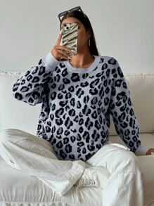 Flirla 大码休闲宽松豹纹圆领落肩毛衣，适合秋冬季针织套头衫 - 藍色 - 查看 4