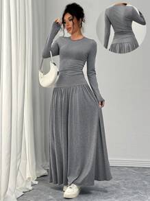 Chiquease Váy len xòe màu xám cổ tròn tay dài thoải mái thời trang hàng ngày đa năng, trang phục thu đông cho nữ maxi - Xám - Xem 1