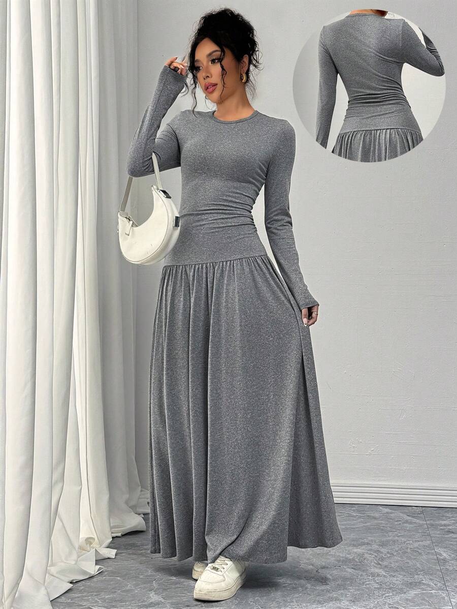 Chiquease Váy len xòe màu xám cổ tròn tay dài thoải mái thời trang hàng ngày đa năng, trang phục thu đông cho nữ maxi - Xám - Xem 1