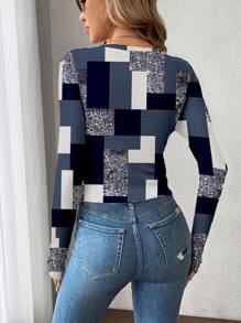 SHEIN LUNE Women Casual Loose Square Neck Retro Pattern Long Sleeve T-Shirt, Suitable As Base Layer For Autumn And Winter