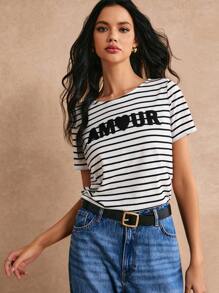 Poéselle Striped & Letter Graphic Tee, Casual Style, Effortless Chic