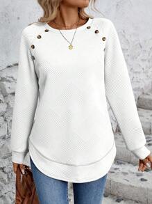 SHEIN LUNE Khaki Raglan Sleeve Button Design Sports Sweatshirt For Women - White - View 3