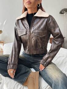 Muchica Ladies New Style Barn Jacket Lapel Leather Jacket - Brown - View 3