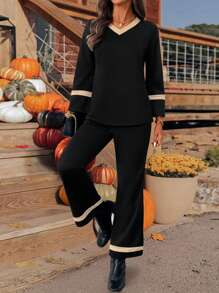 INAWLY 2 件套女士秋季 V 领长袖上衣和喇叭裤休闲装 - 黑色 - 查看 3