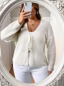Calvaya Plus Size Solid Color Front Tie Ribbed Casual Long Sleeve Knit Cardigan - Apricot - View 4