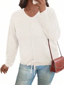 Calvaya Plus Size Simple Solid Color Lace Up Front Sweater, Casual For Autumn/Winter Knit Pullover Fall - Apricot - View 1