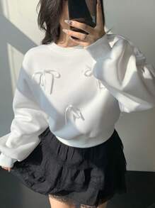 DAZY 情人节蝴蝶结装饰女式长袖运动衫 - 白色 - 查看 4