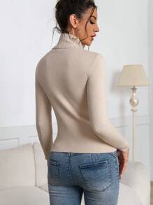 SHEIN Privé Women Khaki Thermal Lined Zip-Up High Neck Long Sleeve Sweater - Khaki - View 3