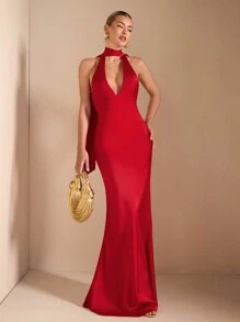 SHEIN BAE 1 件女式性感露背系带美人鱼下摆深 V 领无袖连衣裙，适合鸡尾酒会、浪漫约会、秋冬分层、派对、婚礼伴娘、夜间外出、万圣节、圣诞节 - 紅色 - 查看 4