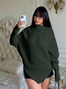 Flirla Áo len Giáng sinh cỡ lớn ấm áp với vạt áo bất đối xứng, cổ cao, áo len chui đầu, áo len mùa đông, áo len mùa thu. - Màu xanh lá cây đậm - Xem 6
