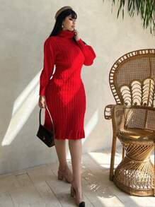 SHEIN Clasi Gaun Sweater Ukuran Besar Bergaya dengan Leher Tinggi, Lengan Lentera, dan Hem Berkerut, Cocok untuk Pakaian Tahun Baru dan Musim Dingin. - Merah - View 3