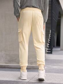 Manfinity Homme Men's Elastic Waist Jogger Cargo Sweatpants , 3D Cargo Pocket Embroidered Khaki Trousers ,Fall Men Clothes