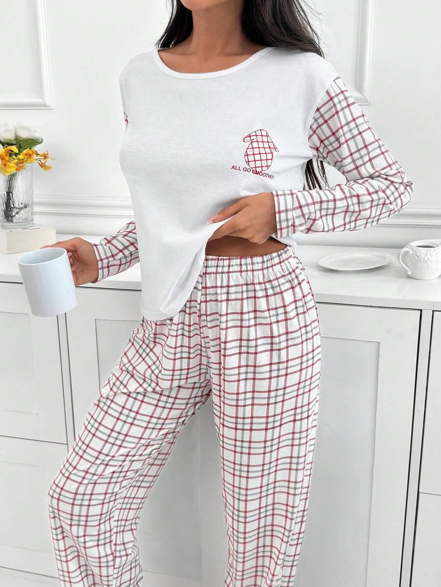 EURMUSE 2pcs Cotton Plaid Block Shirt And Plaid Patterned Lounge Bottom Homewear Set - White - View 1