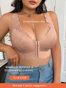 1pc Front Closure Contrast Lace Plus Size Wireless Bra Lingerie - Apricot - View 4